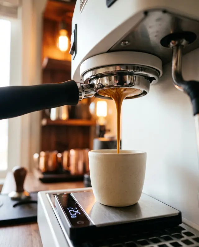 Espresso teče z páky do keramického šálku postaveného na váze