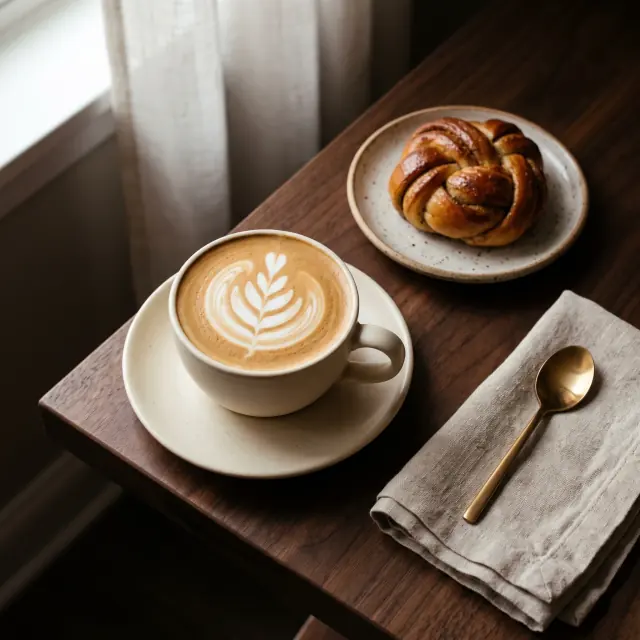 Flat white s latte artem a kardamomový uzel na ořechovém stole