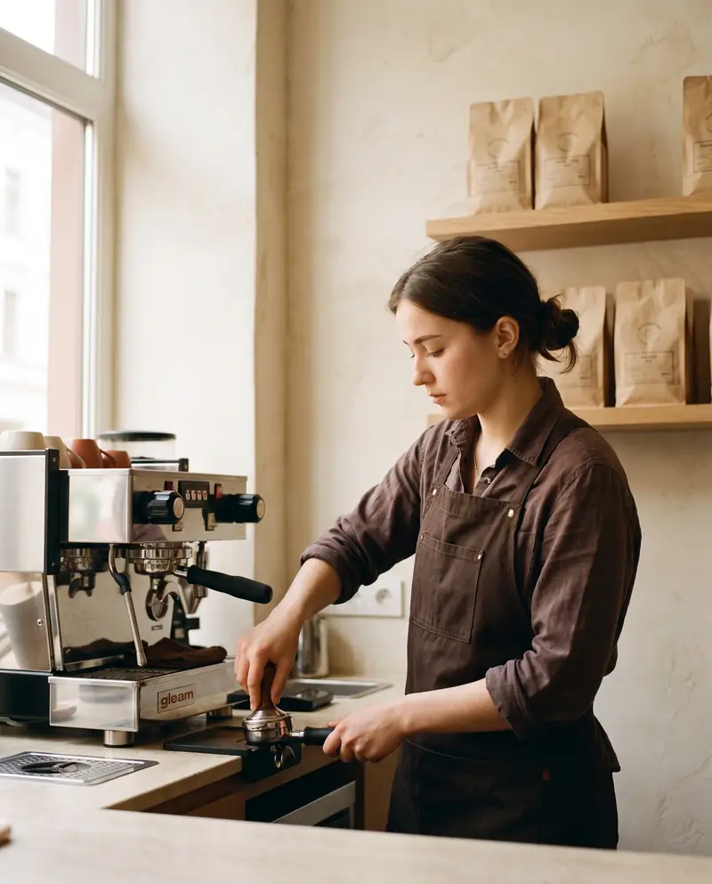 Baristka tampuje espresso u kávovaru