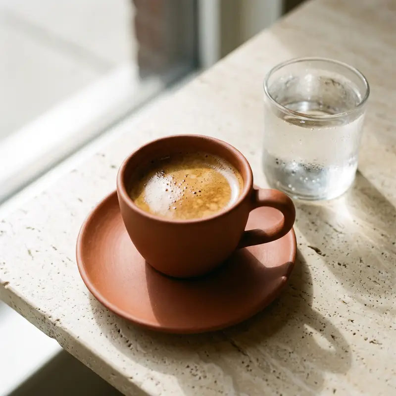 Espresso v terakotovém šálku na travertinovém pultu