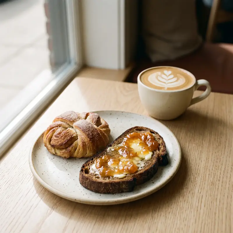 Kardamomový šnek, kváskový toast s marmeládou a cappuccino